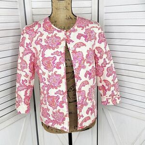Sigrid Olsen Floral Damask Cotton Silk Blazer Jacket Cream Pink 4 Snap Front‎